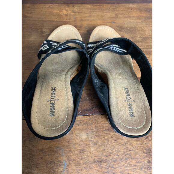 Women’s Minnetonka Black and White Fabric Sandals / Wedges Size 8 Aztec Western - Picture 8 of 11